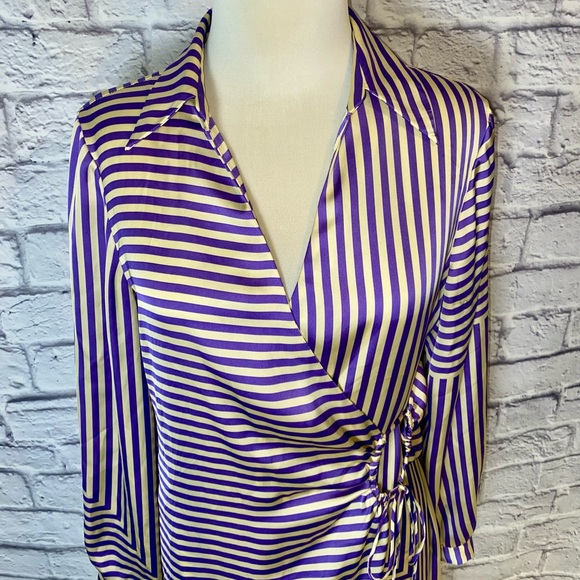 Mango (MNG) Satin Purple & Cream Striped Wrap Dress. Mid Length. Size 8. - Picture 9 of 15